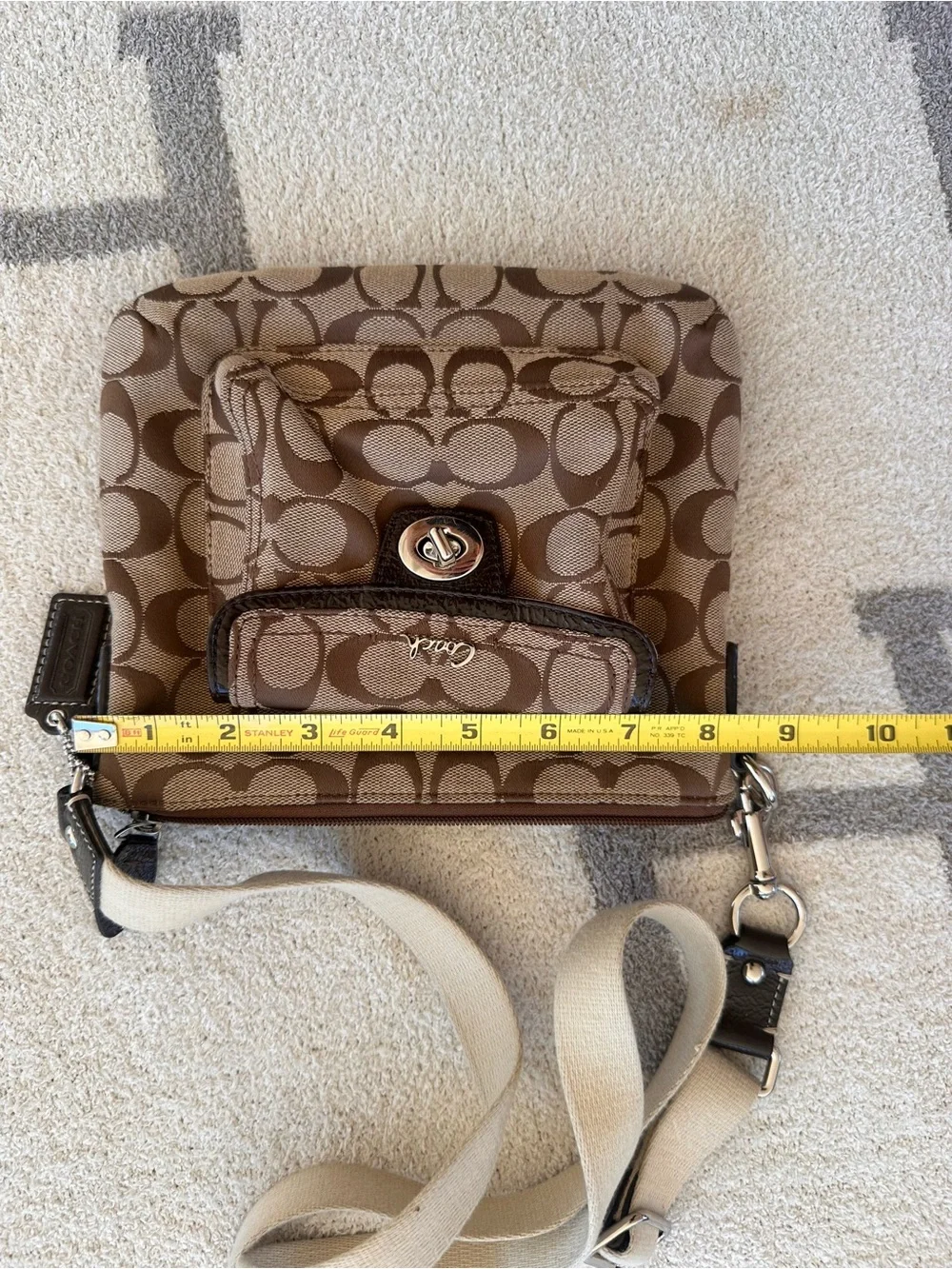 Coach Tan/Chocolate Signature Canvas Crossbody with Turnlock Pocket